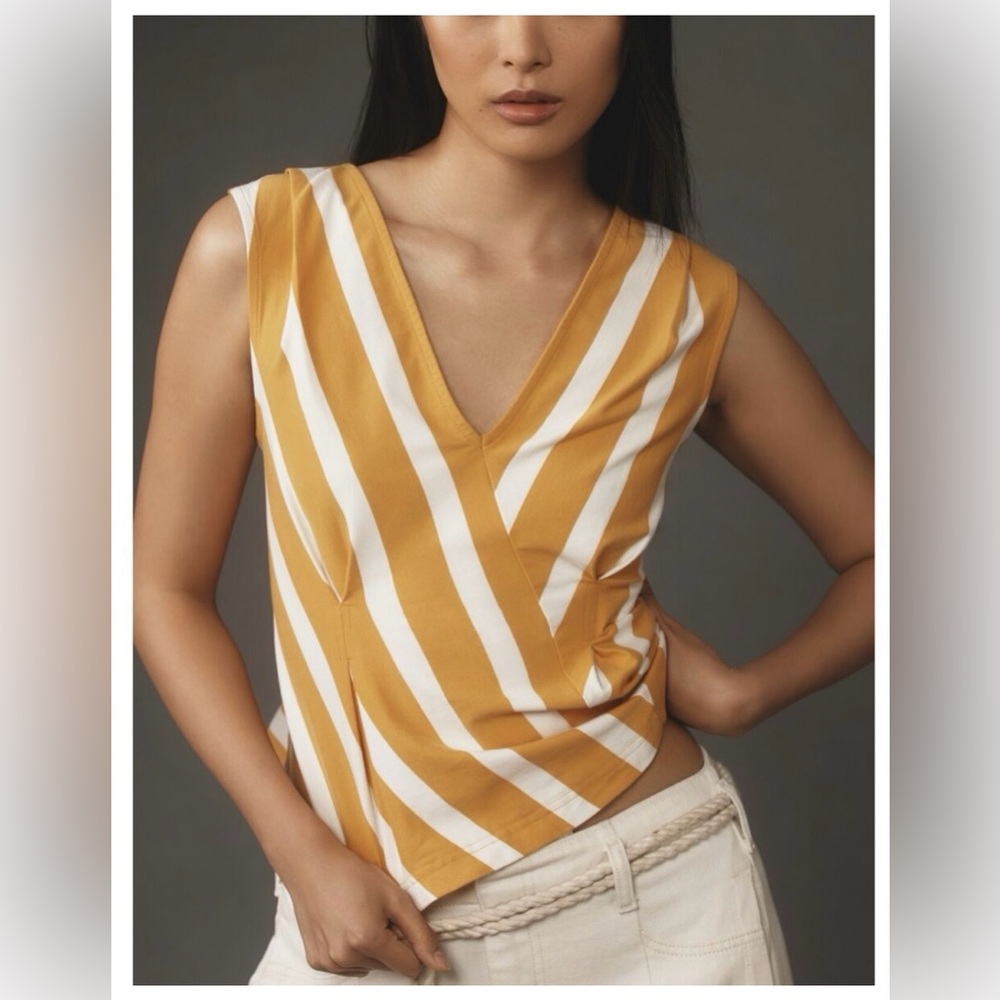 Anthropologie Maeve Sleeveless V-Neck Top yellow cream asymmetrical stripe M